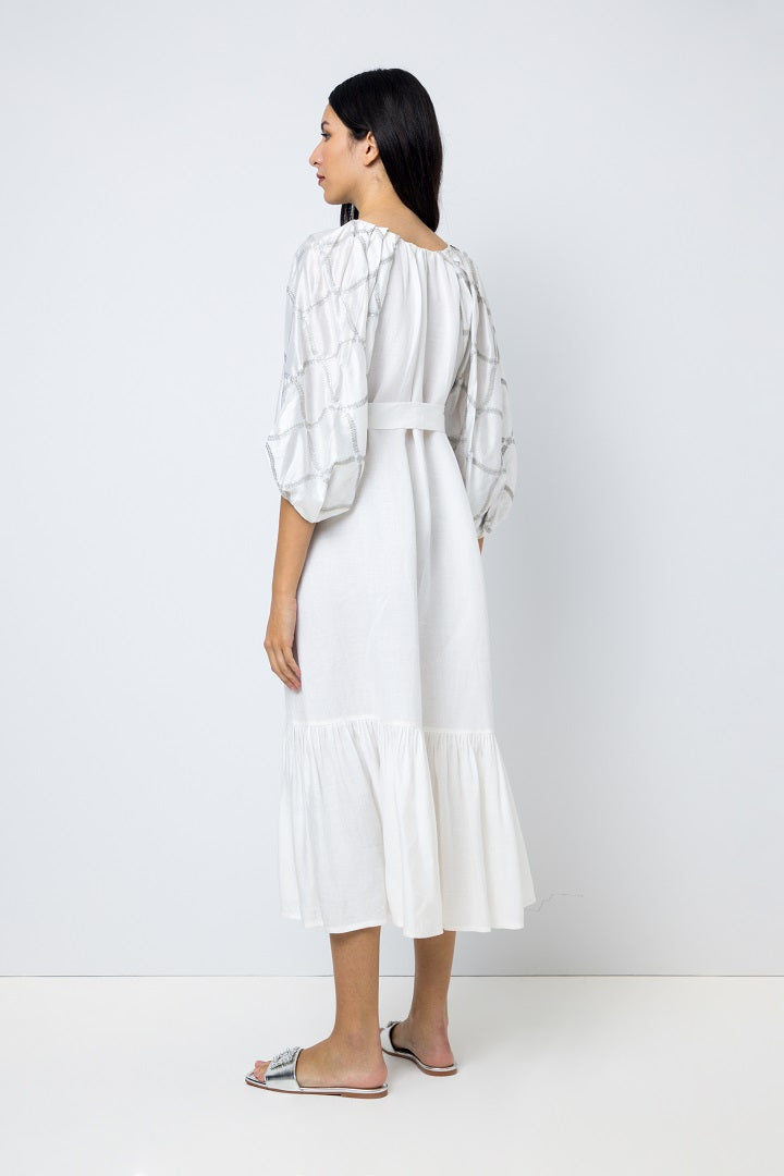 Choice Three Quarter Raglan Sleeves Belted Dress Offwhite