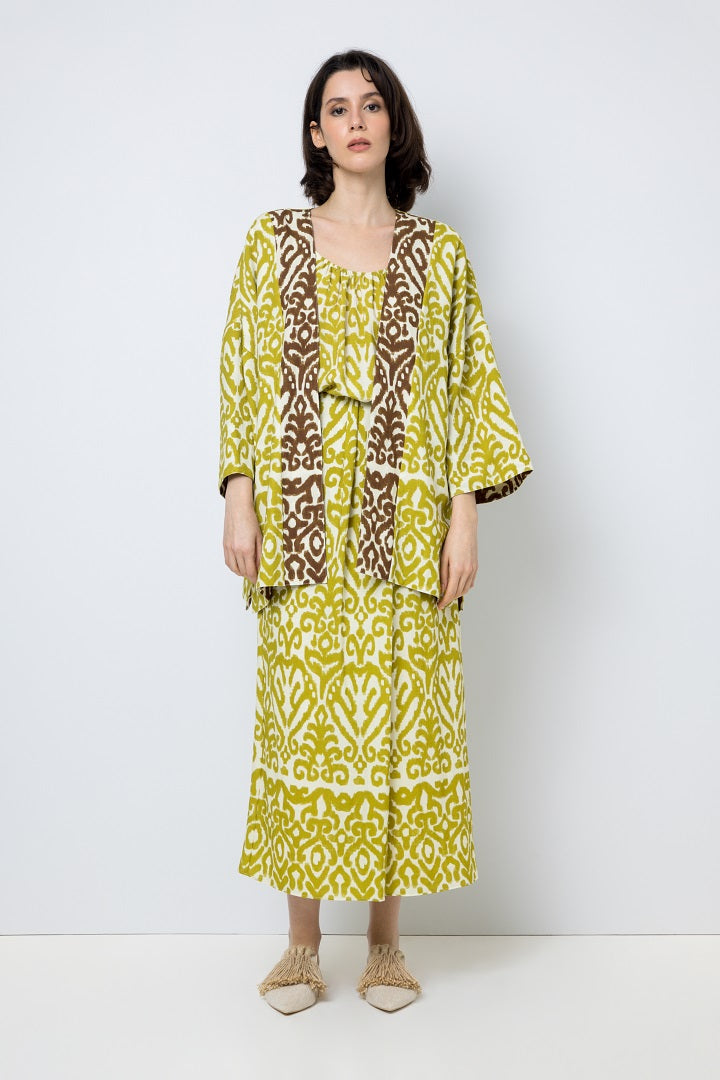 Choice Patterned Kimono Outerwear With Belt Lime