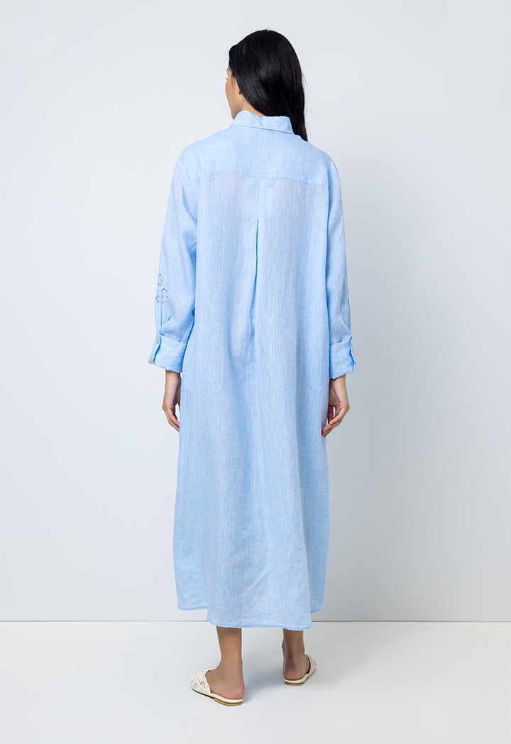 Choice Solid Long Sleeves Maxi Shirt Dress Light Blue