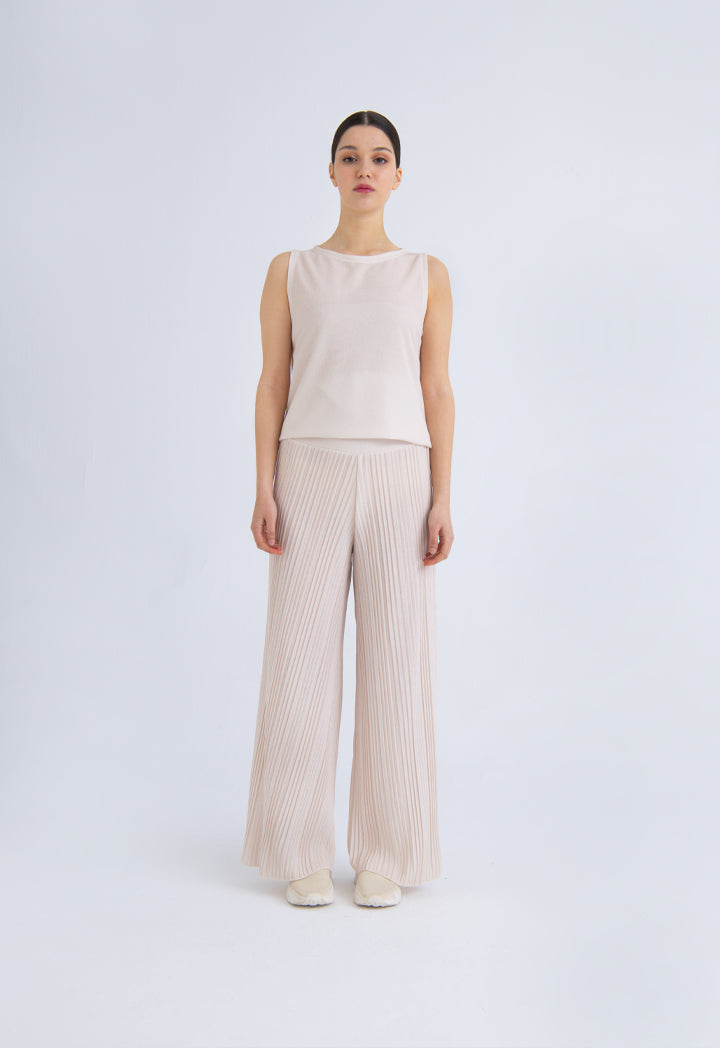 Choice Solid Color Knitted Pleated Culottes Light Beige