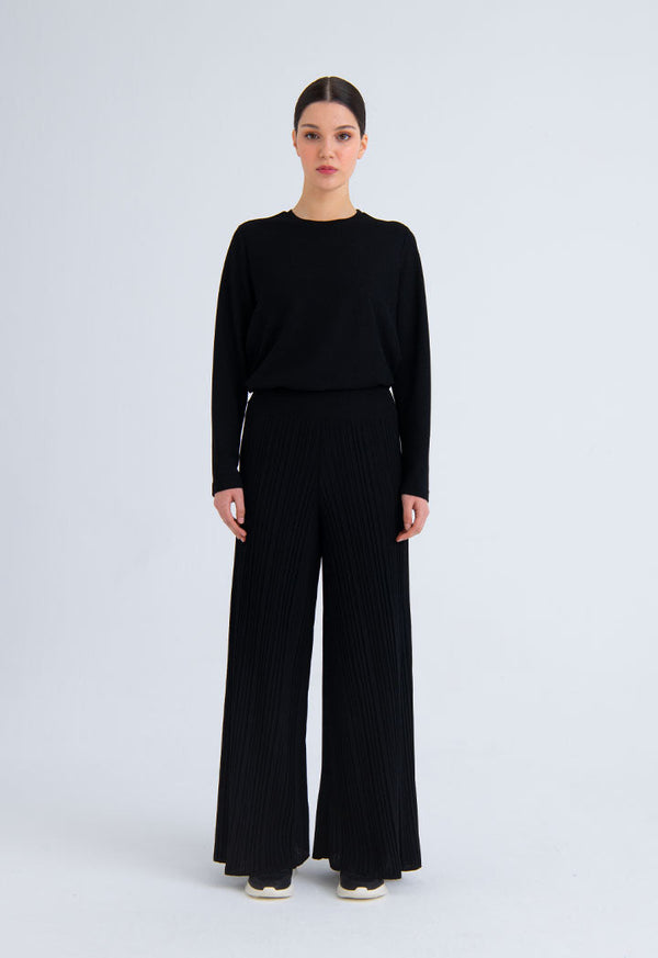 Choice Solid Color Knitted Pleated Culottes Black