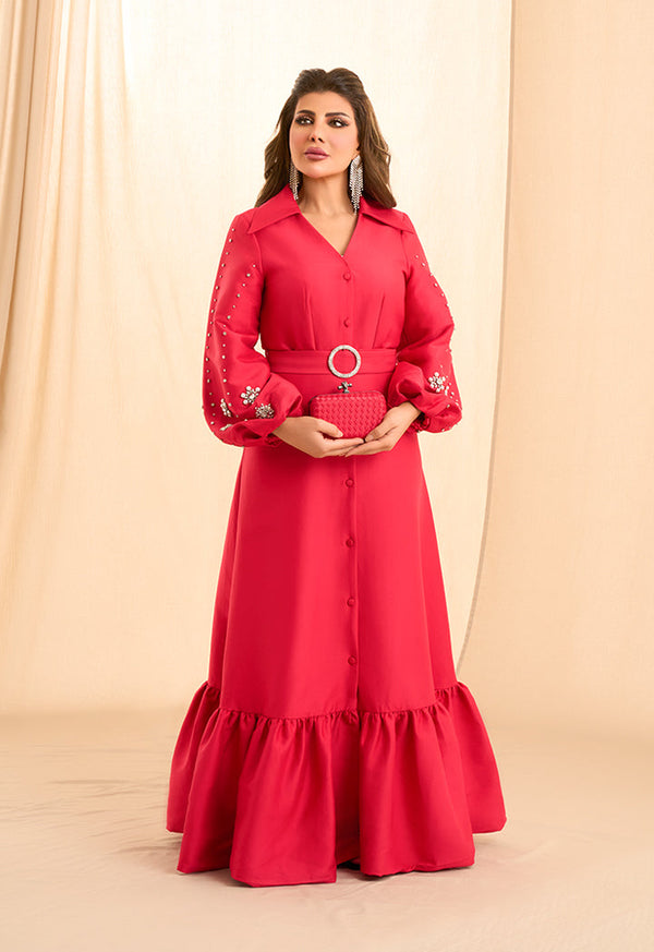 Choice Embellished Sleeve Dress Red