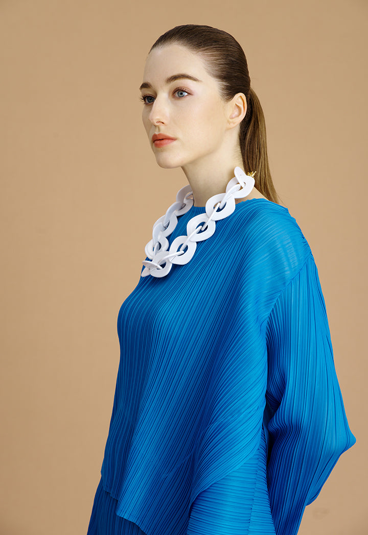 Choice Round Neck Electric Pleated Blouse Blue+Blue