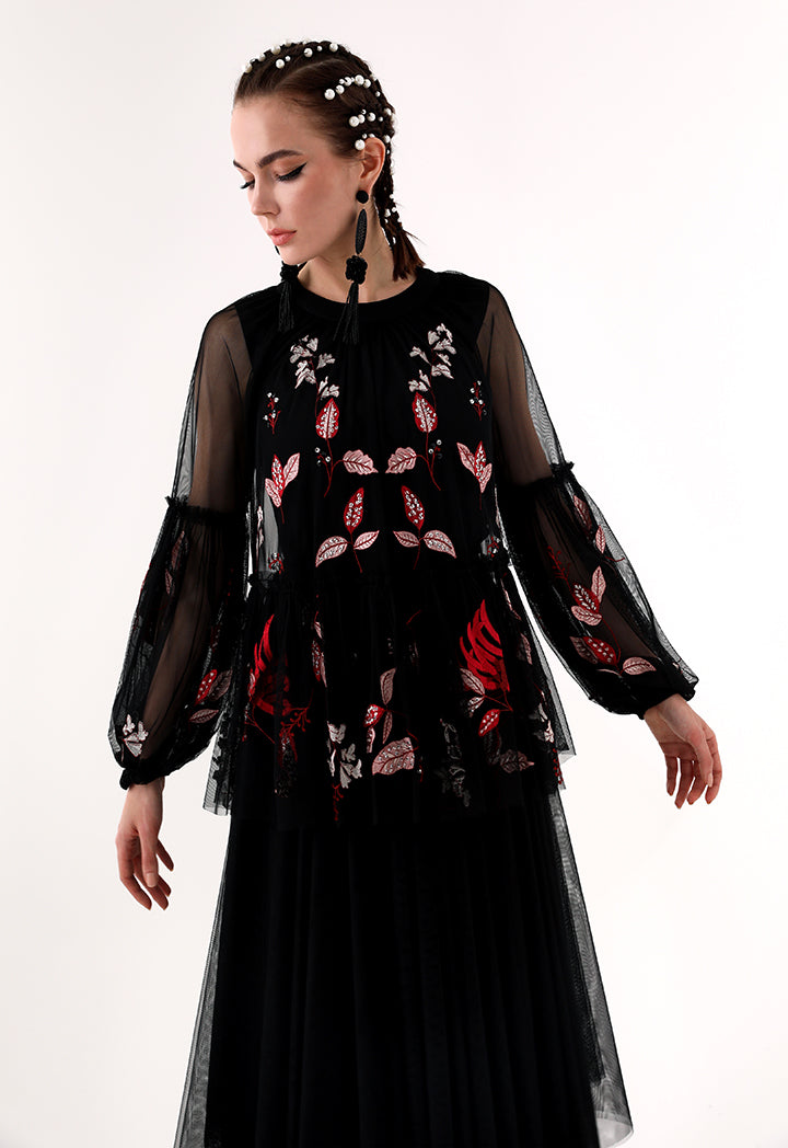 Choice Floral Embroidered Chiffon Blouse Black - Wardrobe Fashion