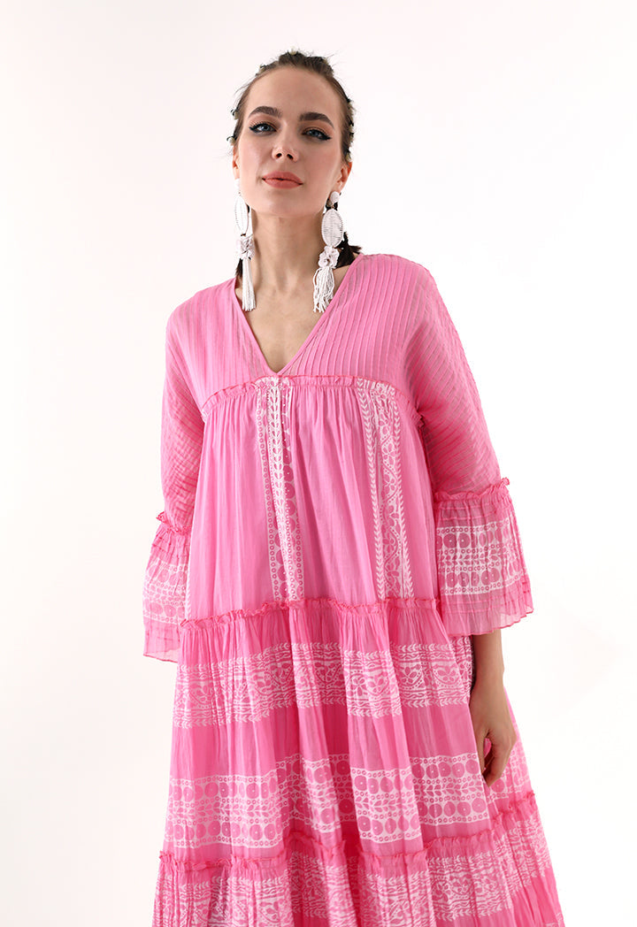 Choice Printed V-Neck Tiered Dress Pink - Wardrobe Fashion