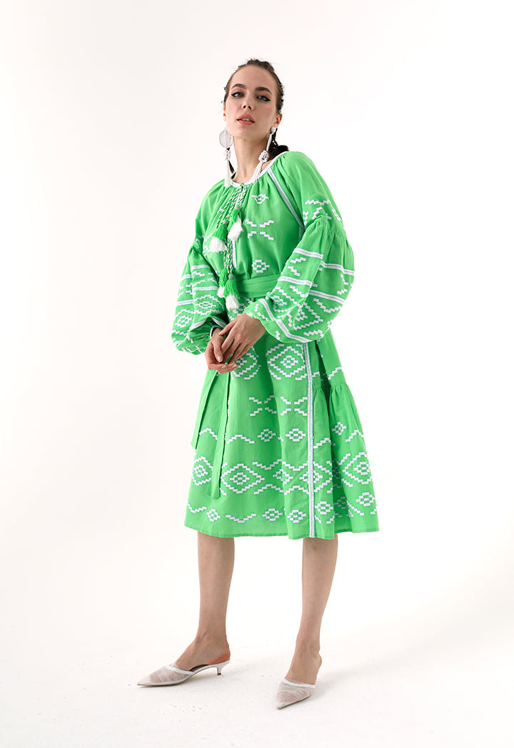 Choice Embroidered Linen Midi Dress Green - Wardrobe Fashion