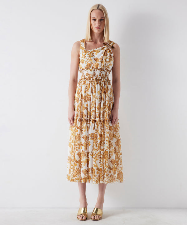 Ipekyol Patterned Midi Dress With Metal Accessory Mustard