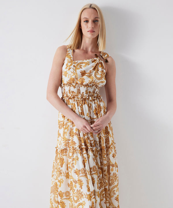 Ipekyol Patterned Midi Dress With Metal Accessory Mustard