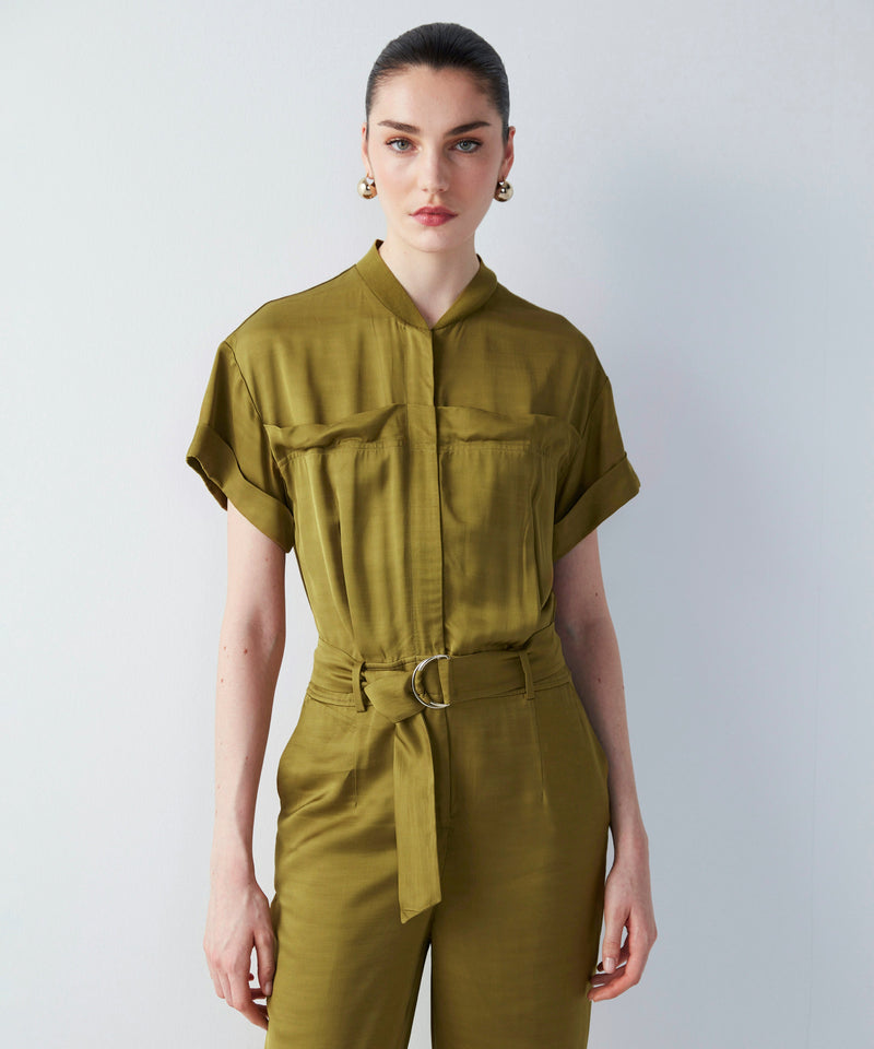 Ipekyol Solid Short Sleeve Belted Jumpsuit Olive