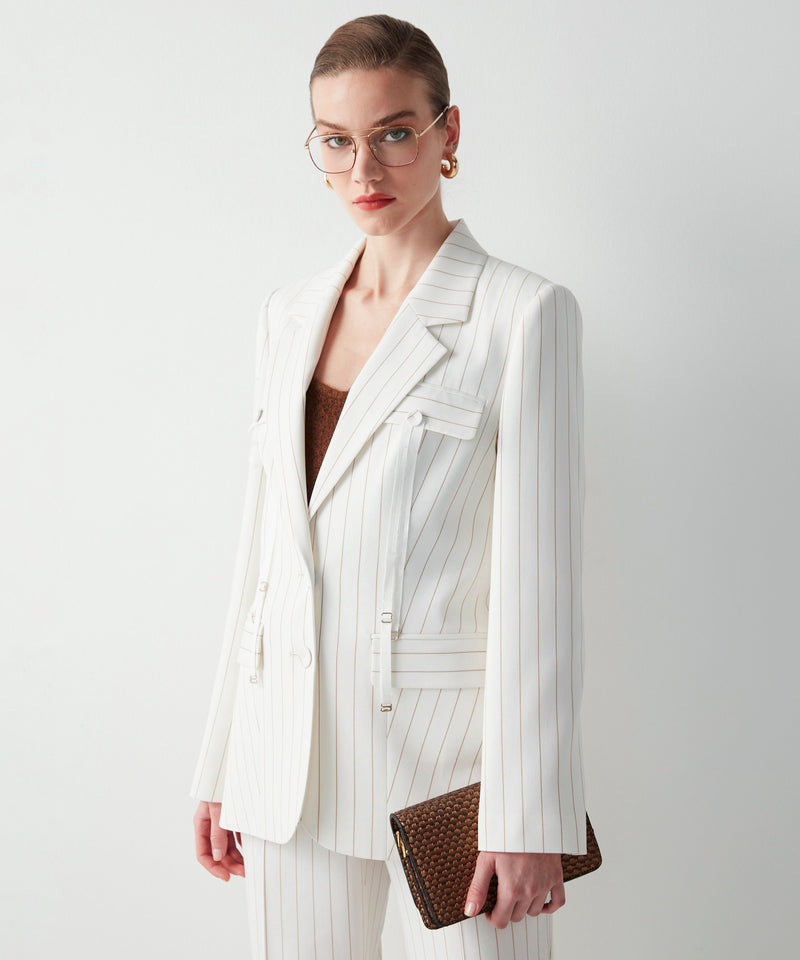 Ipekyol Striped Blazer With Adjustable Grosgrain Detail Ecru