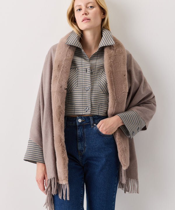 Ipekyol Faux Fur Poncho With Fringe Beige