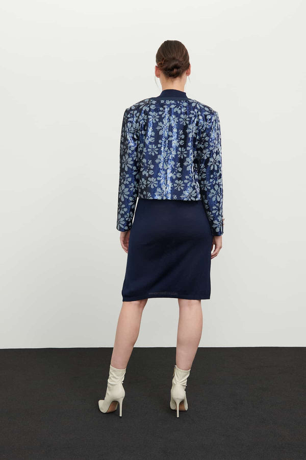 Roman Sequin-Embellished Floral Jacket Navy