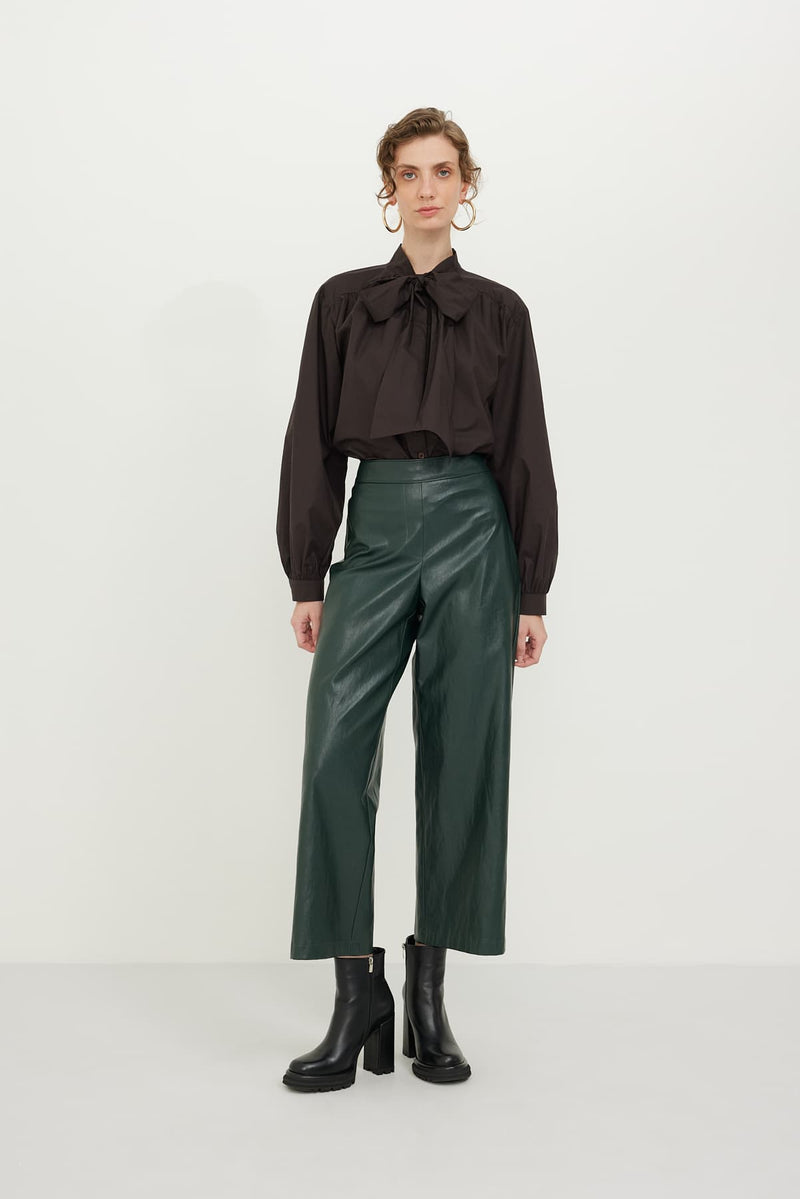 Roman Wide Leg Leather Trousers Green