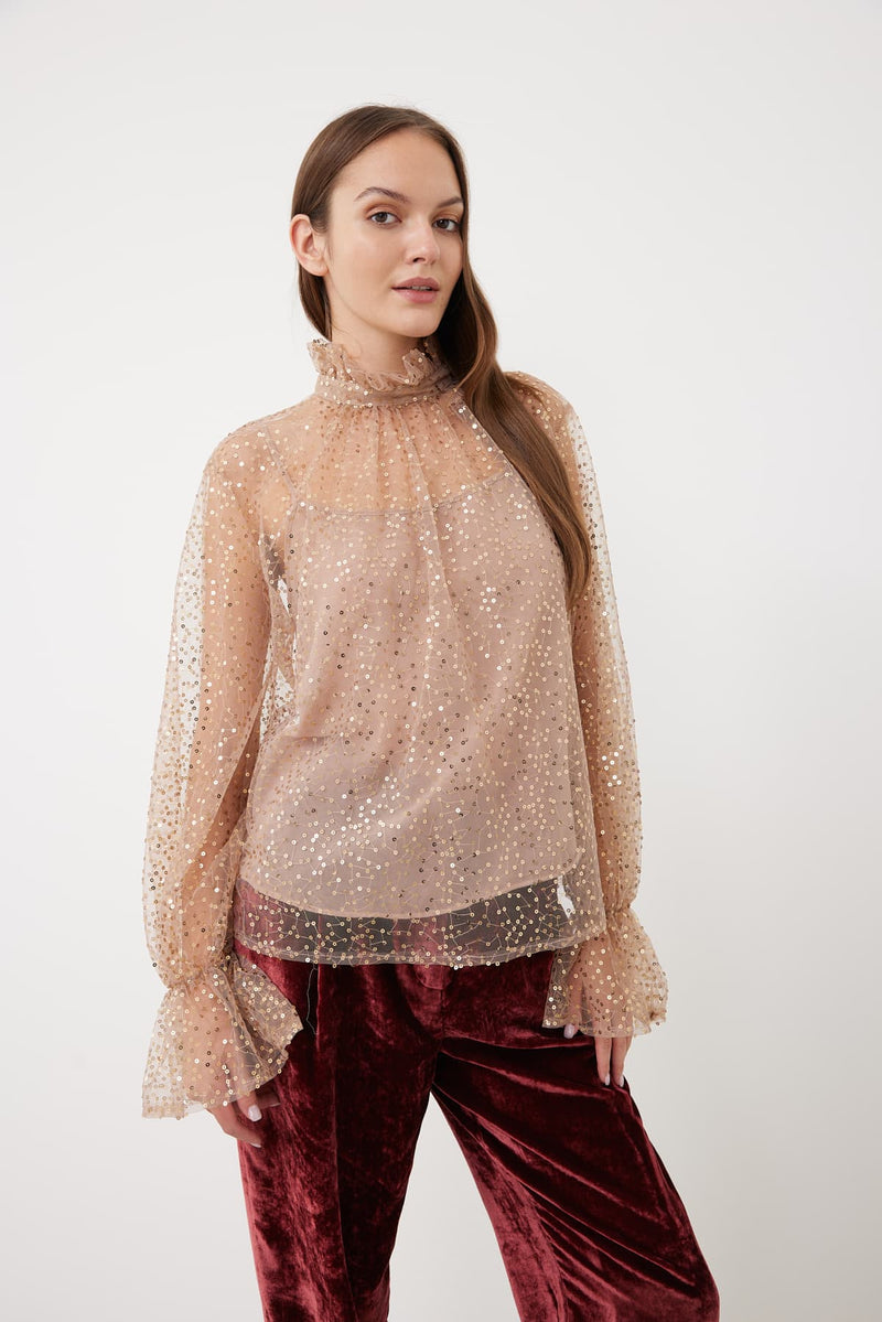 Roman Balloon Sleeve Sequined Tulle Blouse Powder