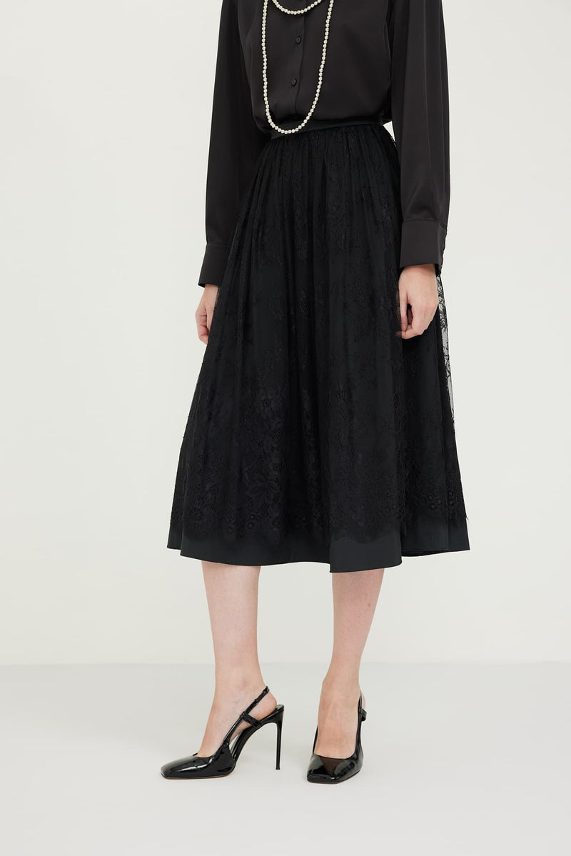 Roman Embroidered Overlay Midi Skirt Black