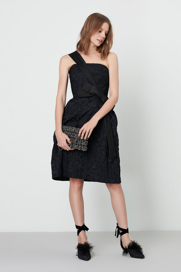 Machka One Shoulder Bow-Front A-Line Short Dress Black