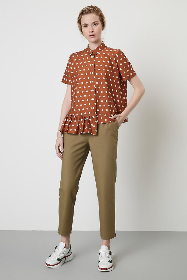 Machka Polka Dot Short Sleeve Asymmetrical Hem Blouse Brick