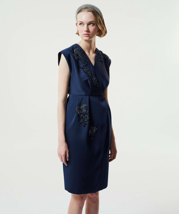 Machka Satin Duchess Embroidered Dress Navy