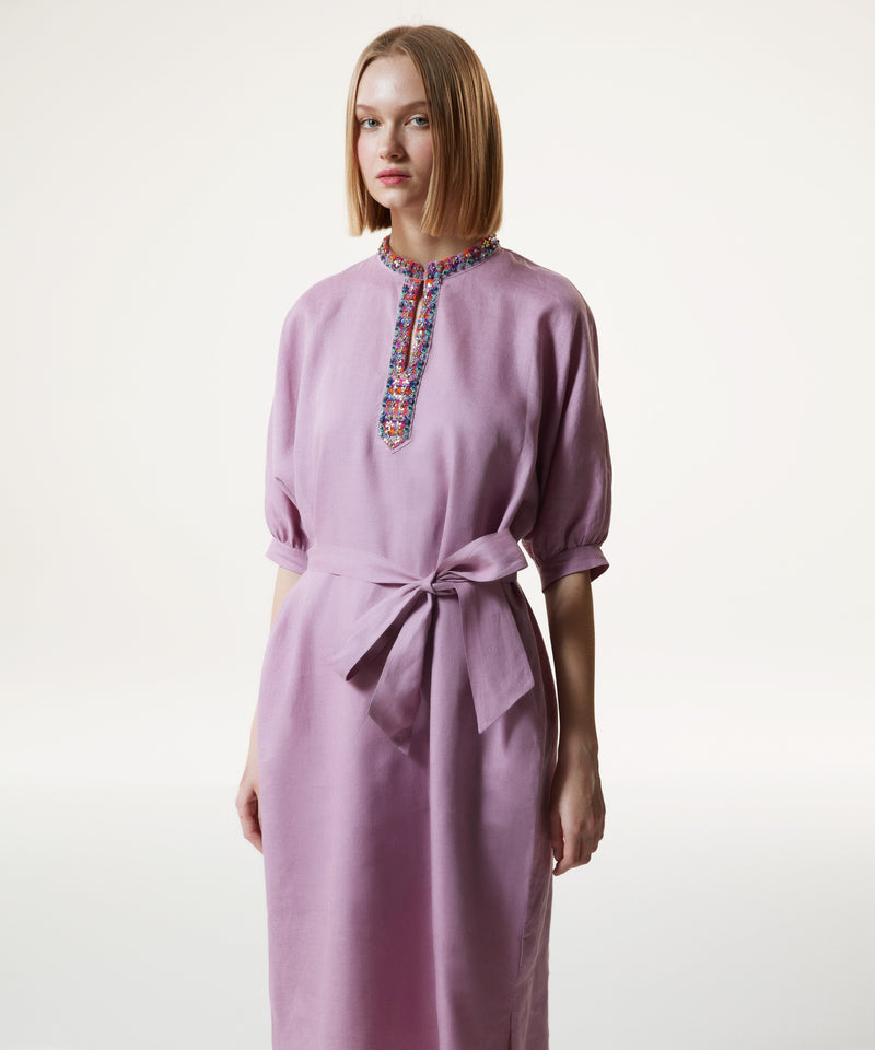 Machka Jewel Neck Linen Midi Dress Lilac