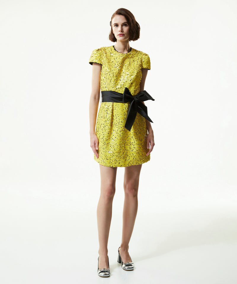 Machka Contrast Belted Sequined Mini Dress Yellow