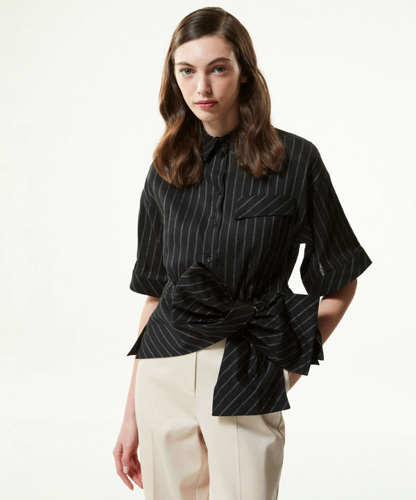 Machka Bow Tie Striped Pattern Blouse Black