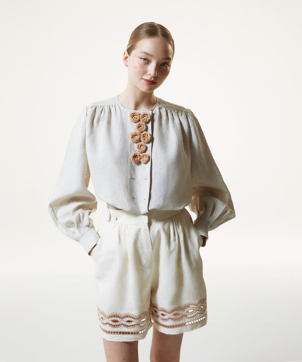 Machka Linen Blouse With Raffia Flower Module Natural