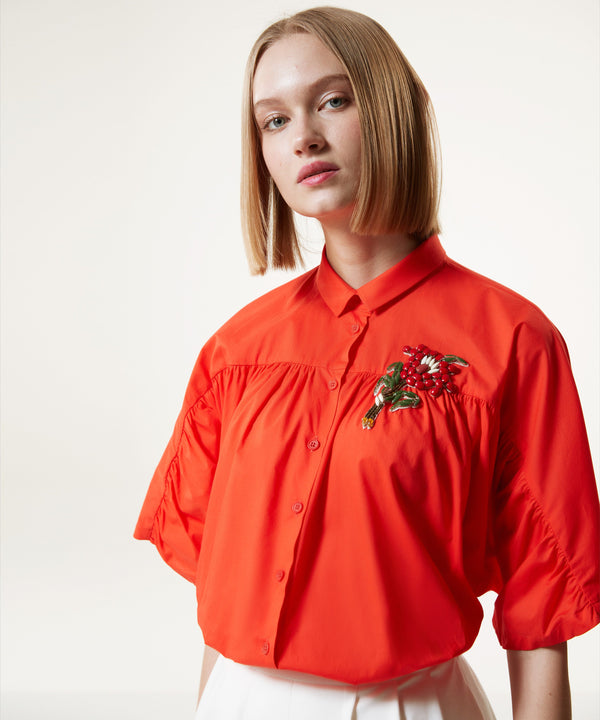 Machka Flower-Embroidered Poplin Shirt  Pomegranate