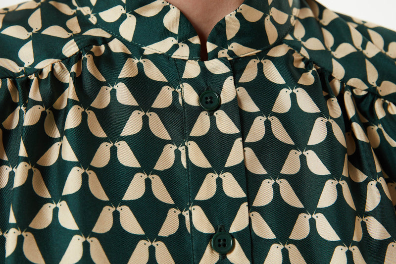 Machka Bird Pattern Blouse Dark Green