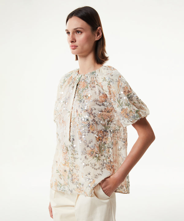 Machka Floral Pattern Sequined Blouse Ecru