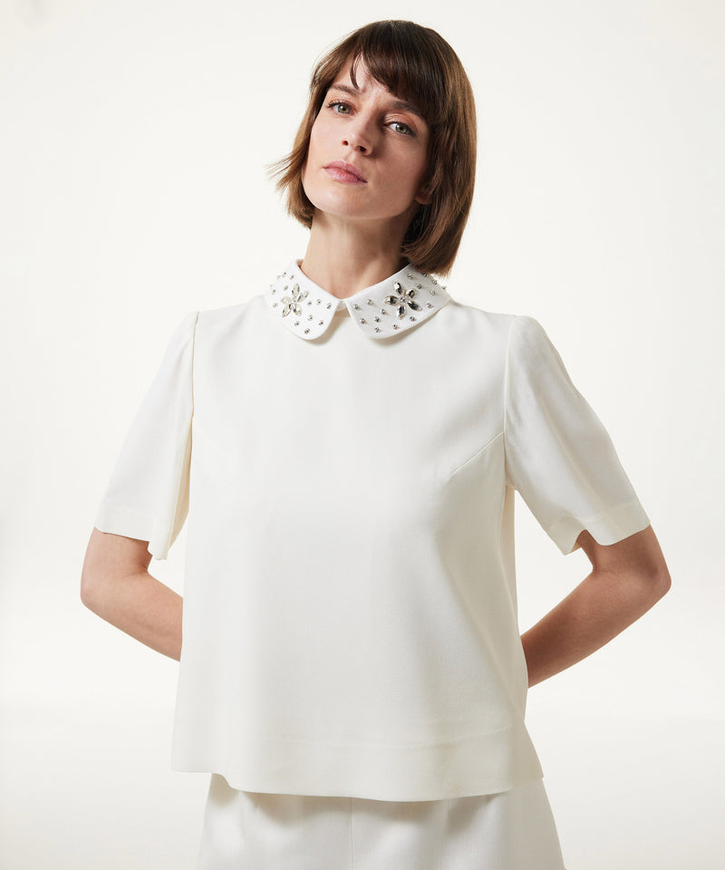 Machka Embroidered Crepe Blouse Off White