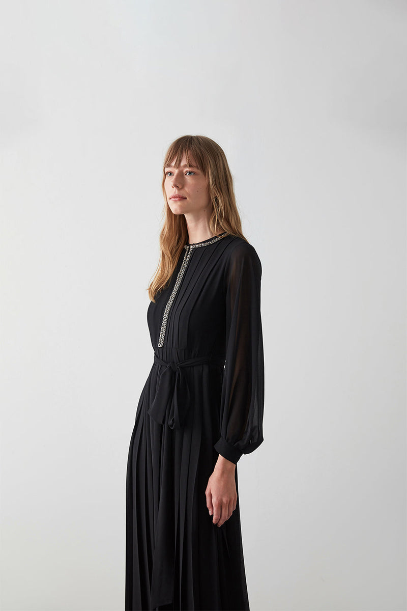 Machka Jewel Neckline Pleated Dress Black