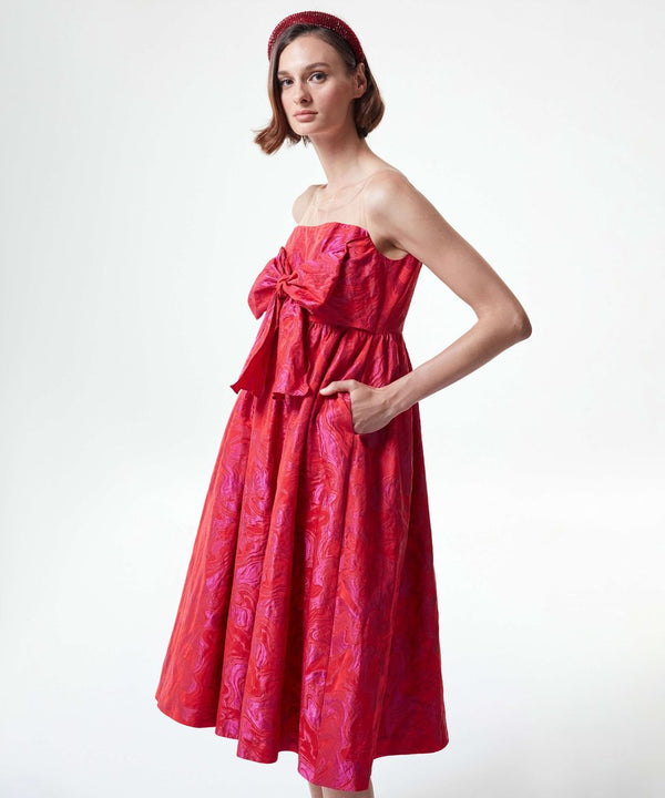 Machka Gathered Jacquard Dress With Self Bow Pomegranate