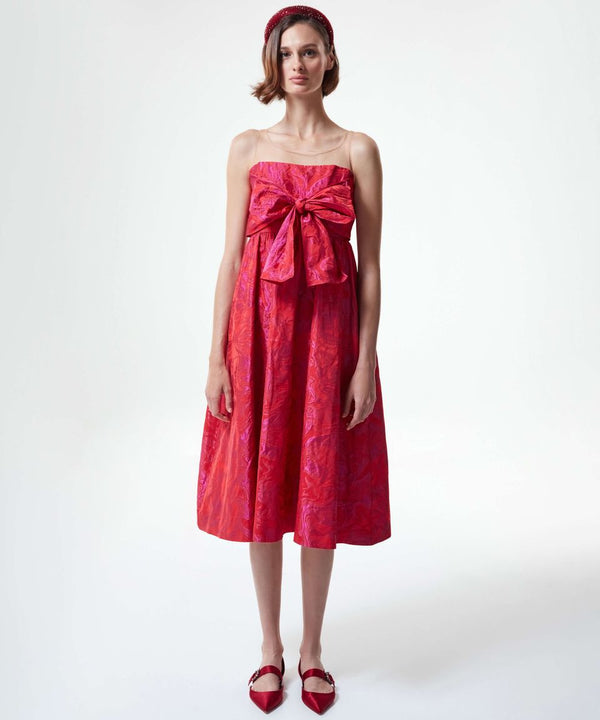 Machka Gathered Jacquard Dress With Self Bow Pomegranate