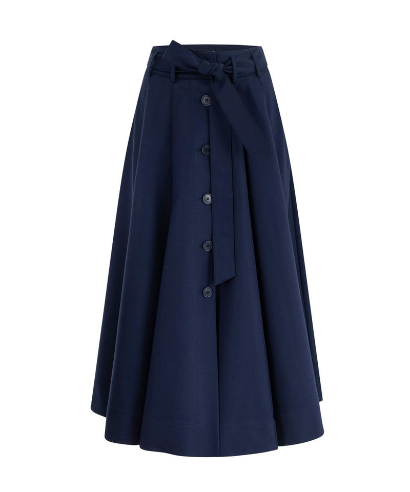 Machka Solid Flared Skirt With Self Belt Navy