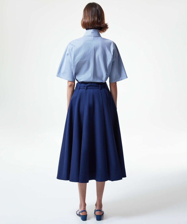 Machka Solid Flared Skirt With Self Belt Navy