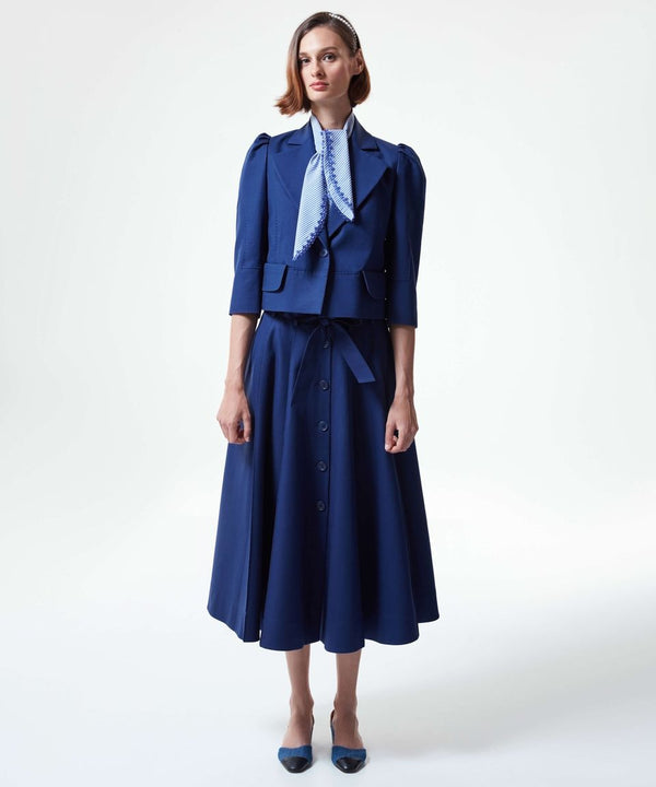 Machka Solid Flared Skirt With Self Belt Navy