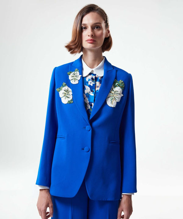 Machka Floral Patch Solid Notched Blazer Sax