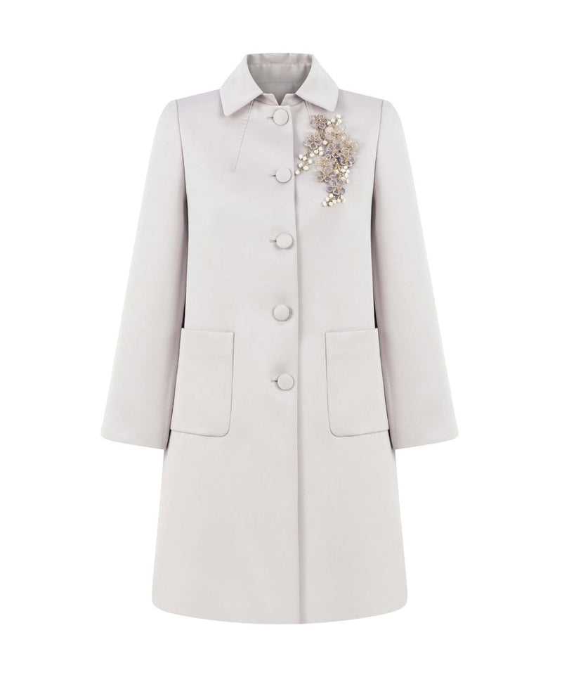 Machka Solid Trench Coat With Floral Adornment L.Lilac