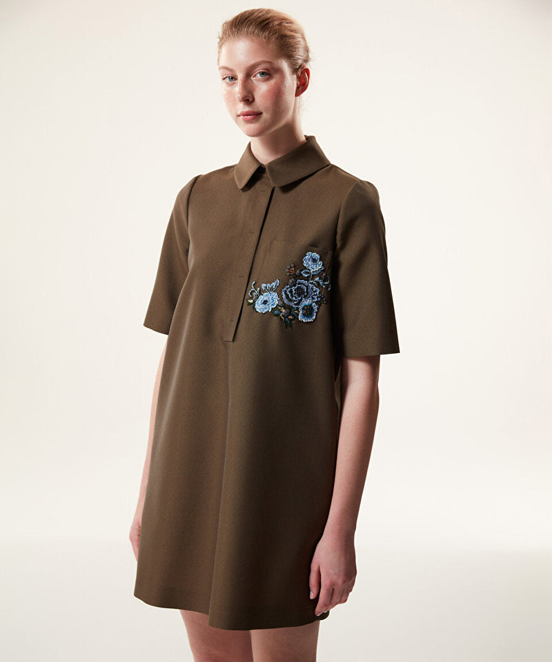 Machka Embroidered Mini Shirt Dress Dark Green