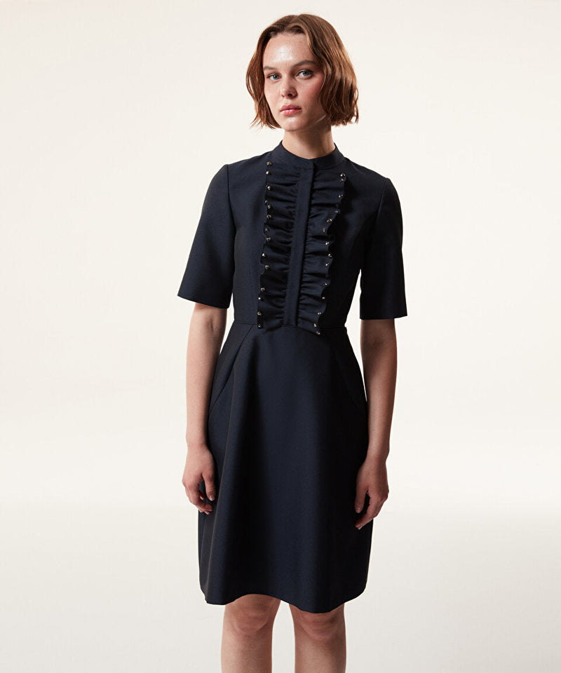 Machka Wool Blend Shirred Dress Navy Blue