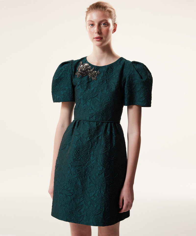 Machka Jacquard Floral Module Embroidered Dress Dark Green