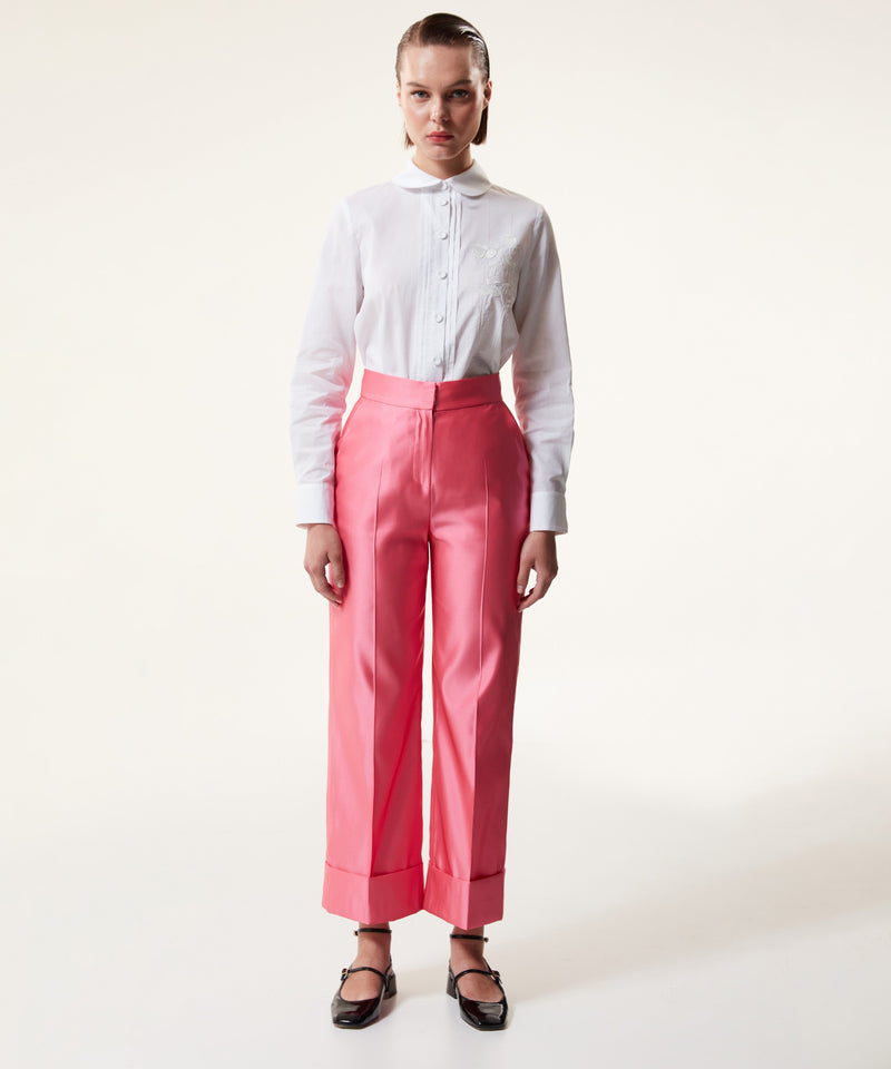 Machka Shiny Textured Solid Trousers Pink