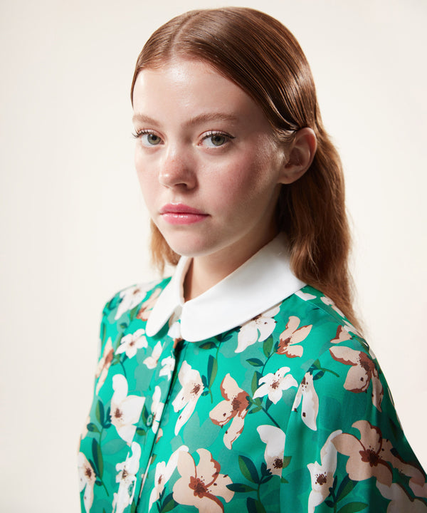 Machka Floral Pattern Blouse With Contrast Collar Green