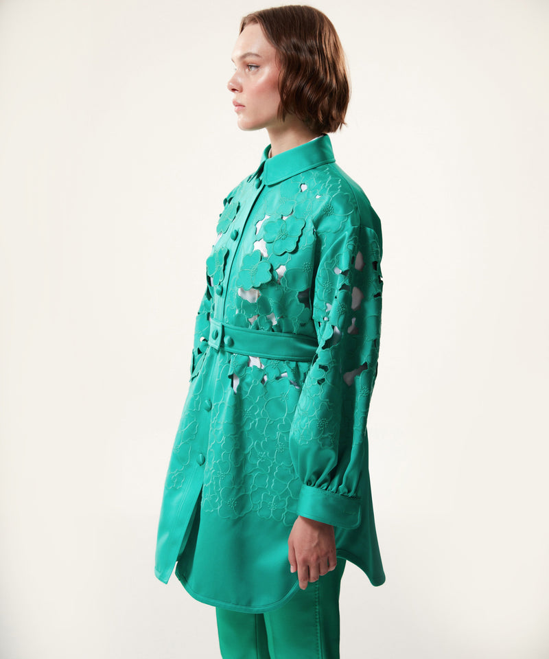 Machka Floral Embroidered Satin Duchess Top Coat Green