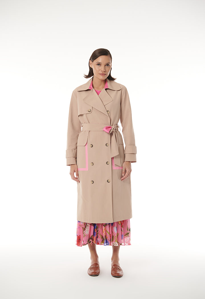 Choice Double Breasted Coat With Self Belt Beige