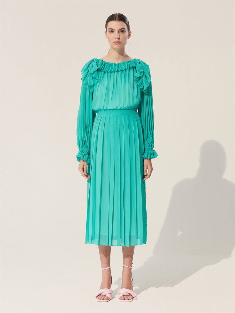 Baqa Ruffle Detail Pleated Dress Green