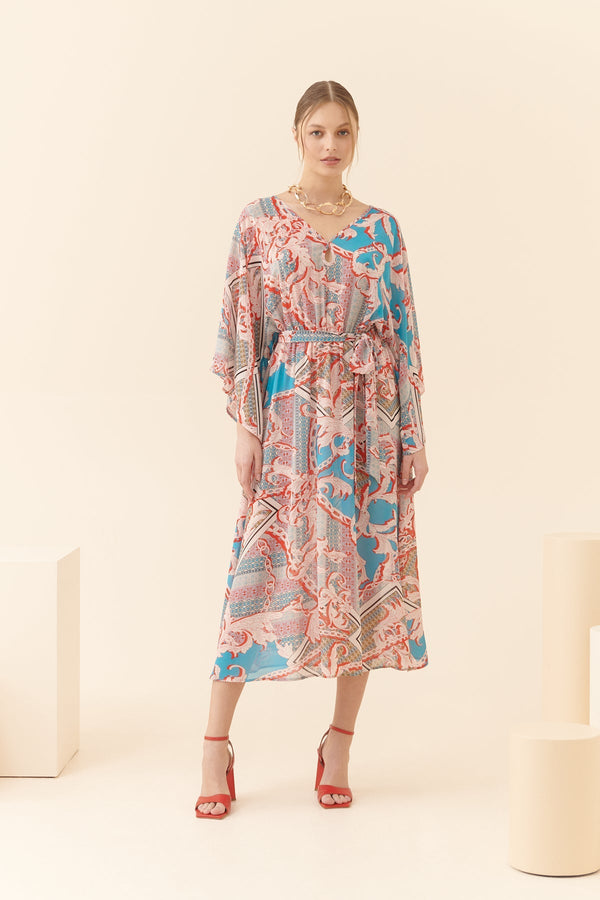 Roman Printed Midi Dress With Belt Multi Color