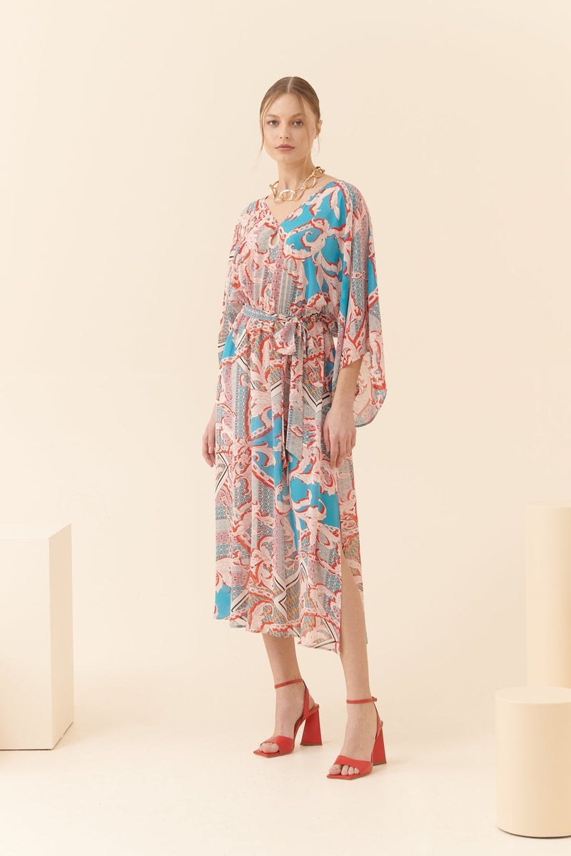 Roman Printed Midi Dress With Belt Multi Color