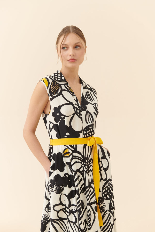 Roman Floral Pattern Belted Midi Dress Multi Color