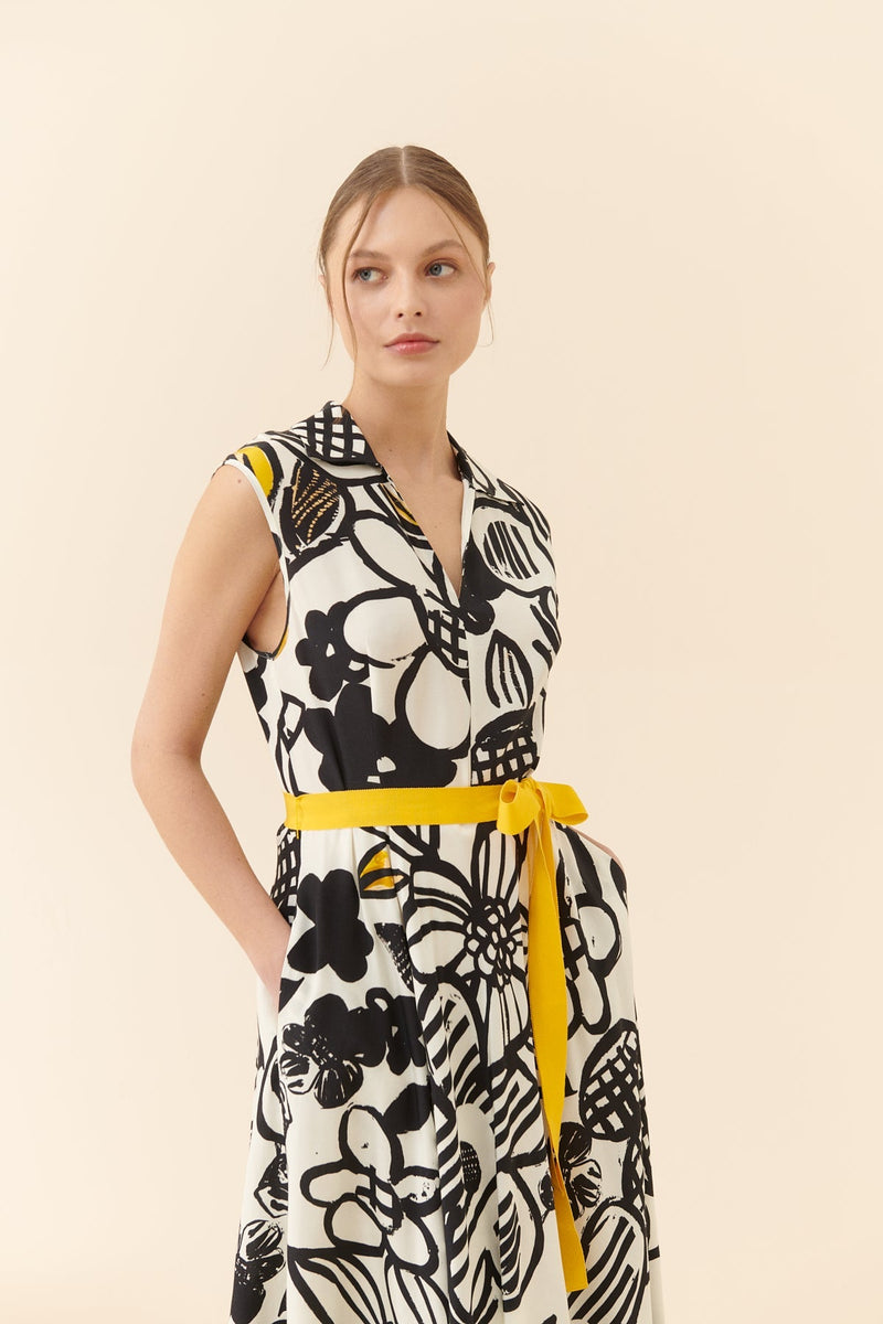 Roman Floral Pattern Belted Midi Dress Multi Color